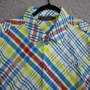 COOGI Embroidered Button Up Shirt 2XL Spring Plaid Silver Logo Streetwear Patch